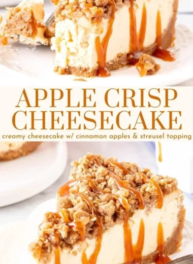 Delicious Apple Crisp Cheesecake topped with a crunchy apple crumble