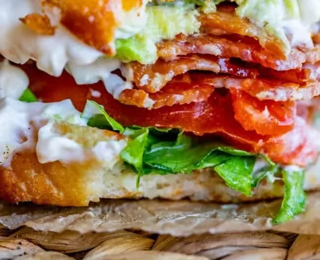 Avocado Bacon Sandwich with lettuce and tomato on a plate