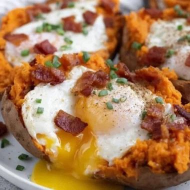 Breakfast stuffed sweet potatoes filled with nutritious ingredients