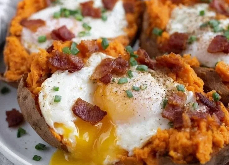 Breakfast stuffed sweet potatoes filled with nutritious ingredients