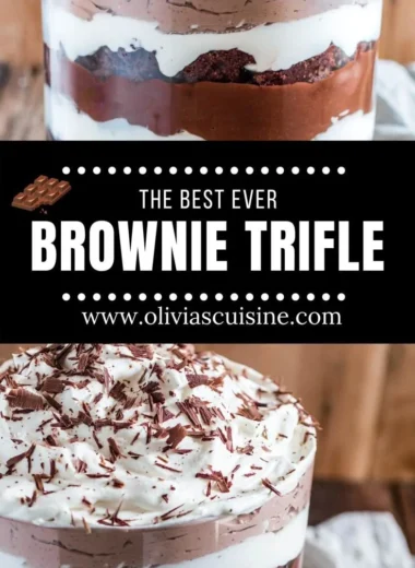 Delicious Brownie Trifle layers of brownies, mousse, and toppings in a glass