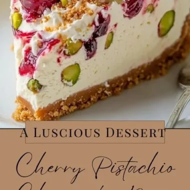 Delicious Cherry Pistachio Cheesecake with cherries and pistachios on top