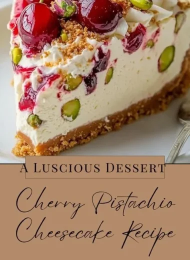 Delicious Cherry Pistachio Cheesecake with cherries and pistachios on top