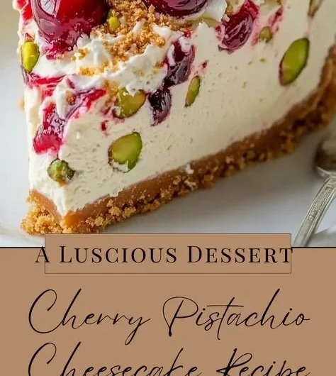 Delicious Cherry Pistachio Cheesecake with cherries and pistachios on top