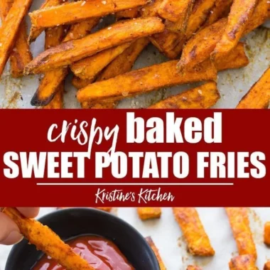 Plate of crispy baked sweet potato fries seasoned and ready to serve