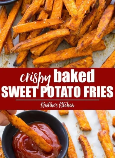 Plate of crispy baked sweet potato fries seasoned and ready to serve