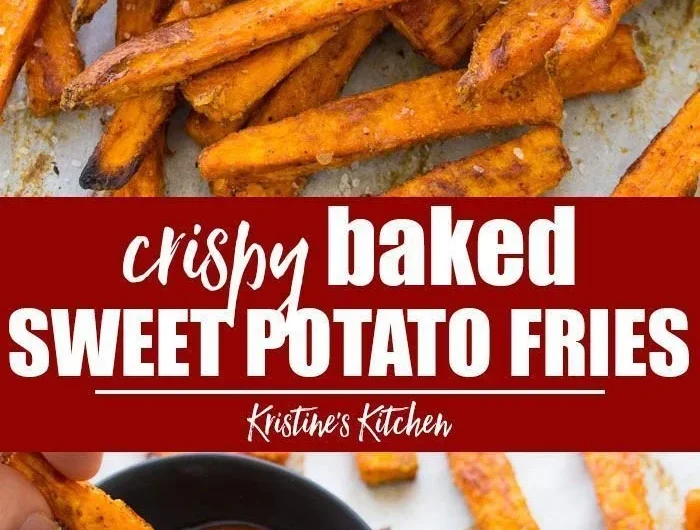Plate of crispy baked sweet potato fries seasoned and ready to serve