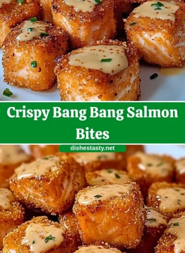 Crispy Bang Bang Salmon bites served with spicy sauce.