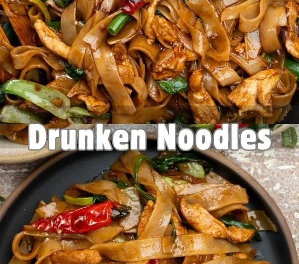 Plate of drunken noodles with vegetables and spices served in Thai cuisine.