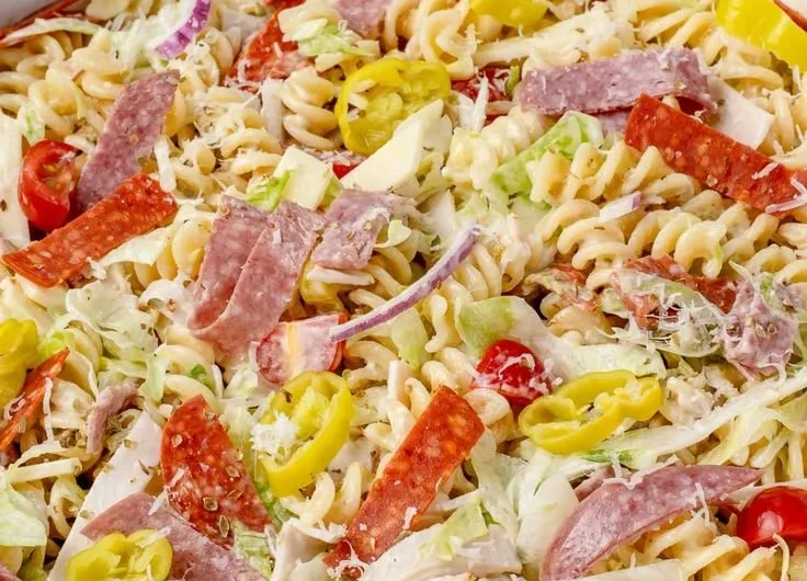 Grinder Pasta Salad with fresh vegetables and dressing