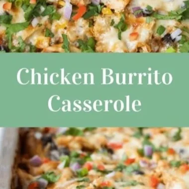 Healthy chicken burrito casserole topped with cheese and fresh ingredients.