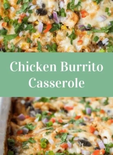 Healthy chicken burrito casserole topped with cheese and fresh ingredients.