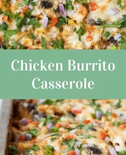 Healthy chicken burrito casserole topped with cheese and fresh ingredients.