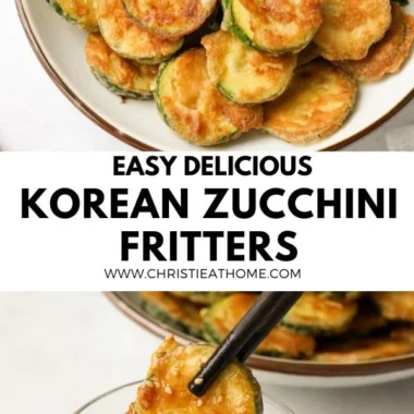 Crispy Korean zucchini fritters served with dipping sauce on a plate