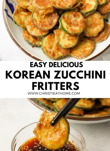 Crispy Korean zucchini fritters served with dipping sauce on a plate