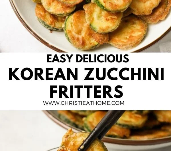 Crispy Korean zucchini fritters served with dipping sauce on a plate
