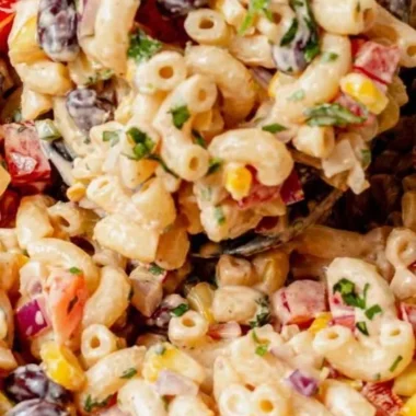Delicious Mexican Macaroni Salad with vibrant vegetables and dressing