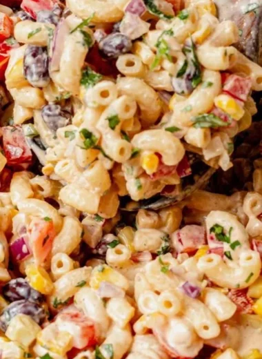 Delicious Mexican Macaroni Salad with vibrant vegetables and dressing