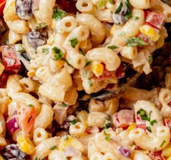 Delicious Mexican Macaroni Salad with vibrant vegetables and dressing