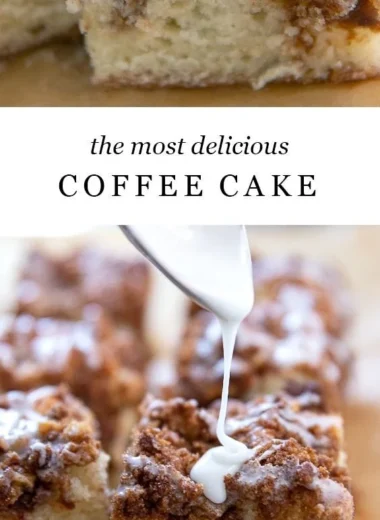Moist coffee cake with brown sugar and cinnamon crumb topping on a plate