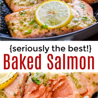 Delicious oven roasted salmon served with fresh herbs and lemon