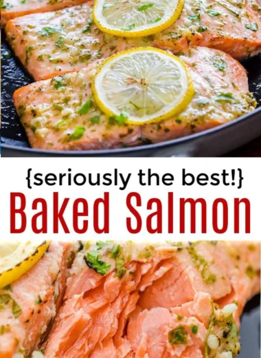 Delicious oven roasted salmon served with fresh herbs and lemon