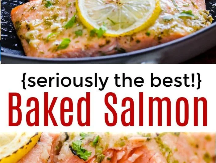 Delicious oven roasted salmon served with fresh herbs and lemon