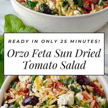 Orzo pasta salad featuring feta cheese and sun-dried tomatoes in a bowl