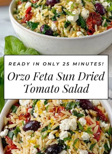 Orzo pasta salad featuring feta cheese and sun-dried tomatoes in a bowl