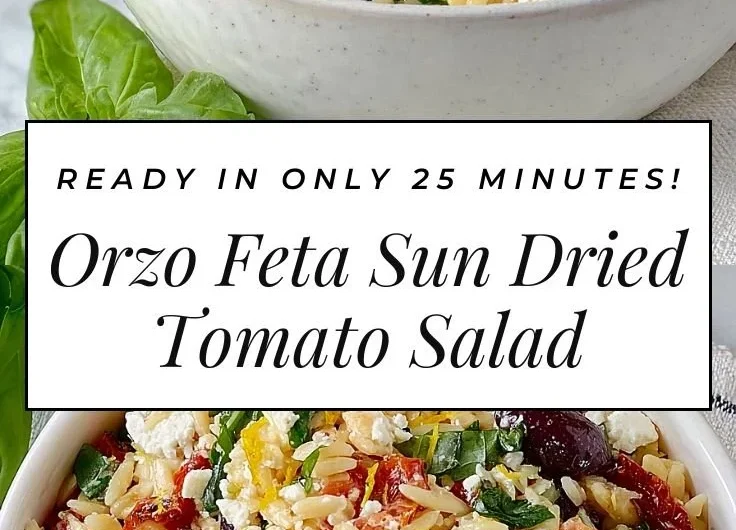 Orzo pasta salad featuring feta cheese and sun-dried tomatoes in a bowl