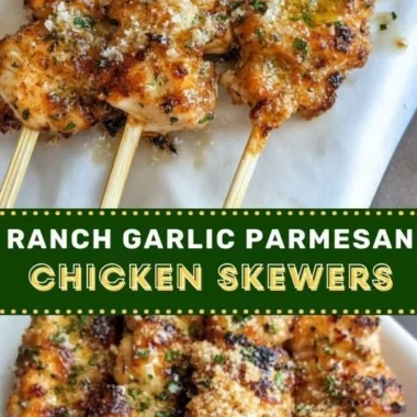 Ranch Garlic Parmesan Chicken Skewers on a plate garnished with herbs