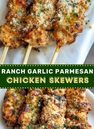 Ranch Garlic Parmesan Chicken Skewers on a plate garnished with herbs