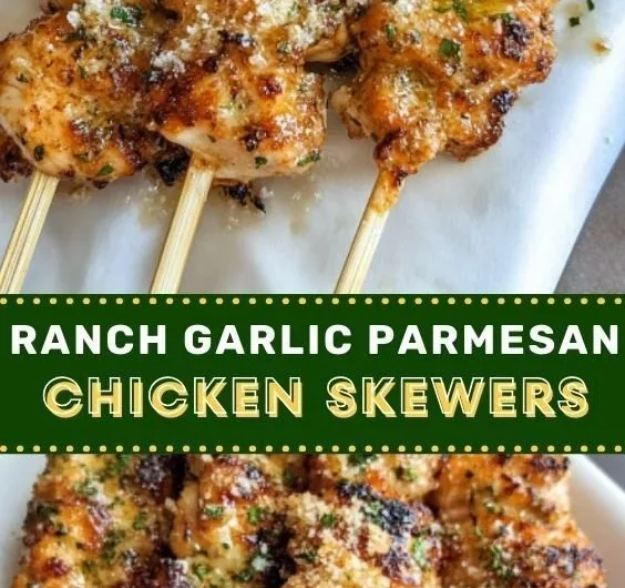 Ranch Garlic Parmesan Chicken Skewers on a plate garnished with herbs