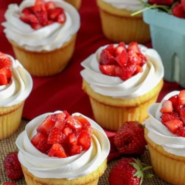 Strawberry shortcake cupcakes topped with fresh cream and strawberries