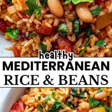 Plate of wholesome Mediterranean Rice and Beans with fresh herbs and spices.