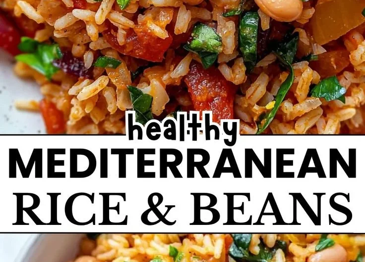 Plate of wholesome Mediterranean Rice and Beans with fresh herbs and spices.
