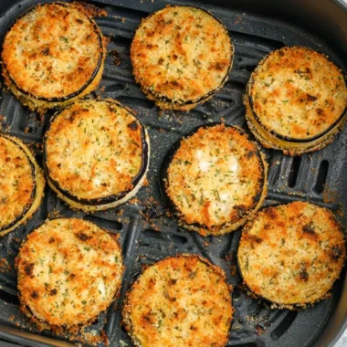 Crispy air fryer eggplant slices served on a plate