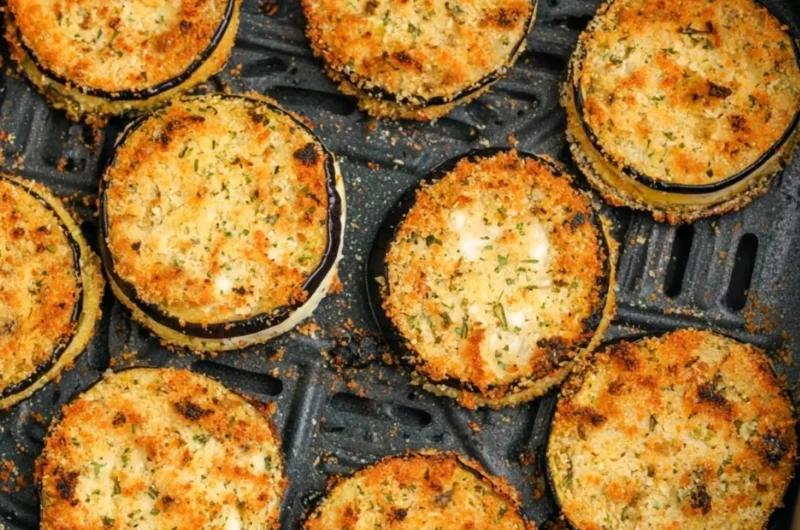 Crispy air fryer eggplant slices served on a plate