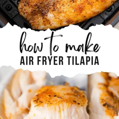 Crispy air fryer tilapia served with lemon and herbs on a plate.