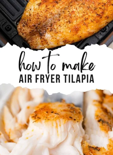 Crispy air fryer tilapia served with lemon and herbs on a plate.
