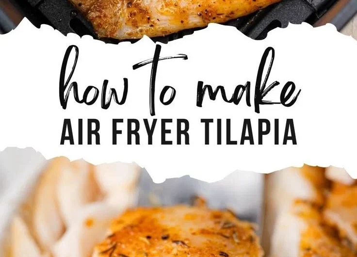 Crispy air fryer tilapia served with lemon and herbs on a plate.