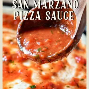 A jar of authentic San Marzano pizza sauce on a wooden table.