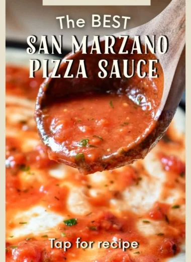 A jar of authentic San Marzano pizza sauce on a wooden table.