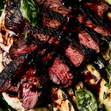 Balsamic flank steak served with grilled zucchini and fresh whipped feta.