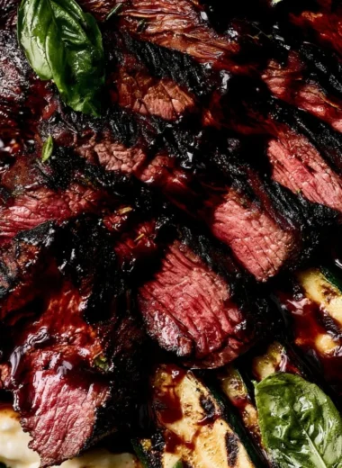 Balsamic flank steak served with grilled zucchini and fresh whipped feta.