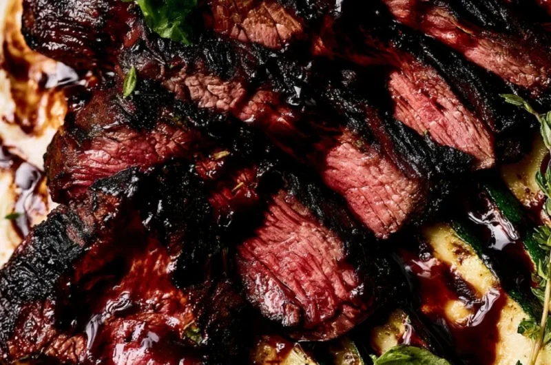 Balsamic flank steak served with grilled zucchini and fresh whipped feta.