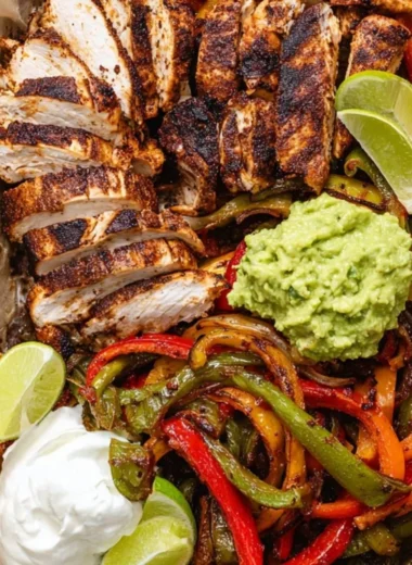 Delicious Blackstone chicken fajitas served with vibrant peppers and onions