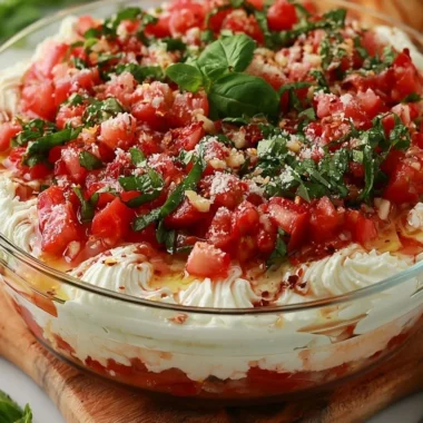 Delicious bruschetta dip served in a vibrant bowl with fresh toppings and herbs