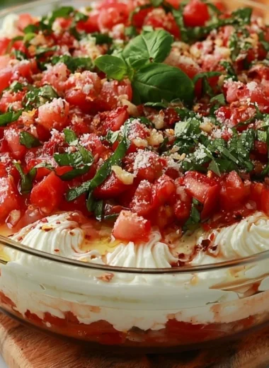 Delicious bruschetta dip served in a vibrant bowl with fresh toppings and herbs