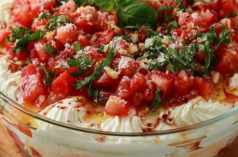 Delicious bruschetta dip served in a vibrant bowl with fresh toppings and herbs
